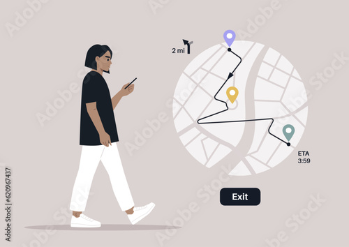 A young female Caucasian character using a gps map application to navigate in town