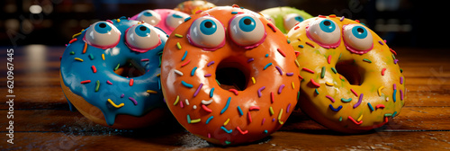 Banner with amazing donuts. Generative AI. Surprised cute doughnut with pop-eyed. National Donut Day. Header for website, advert, pizzeria, cafe, menu, cover. Concept wrong food at school.