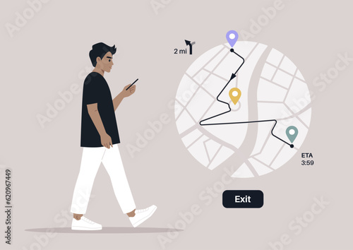 A young male Caucasian character using a gps map application to navigate in town