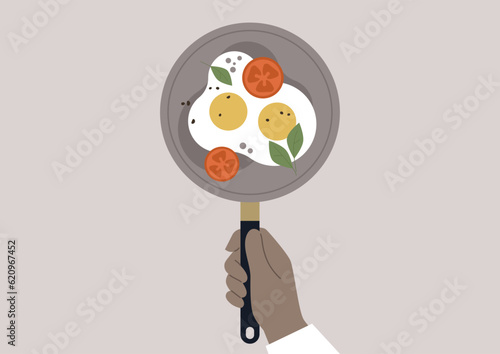 Chef's hand holding a cast iron skillet with a sunny side up and vegetables on it, a classic breakfast concept