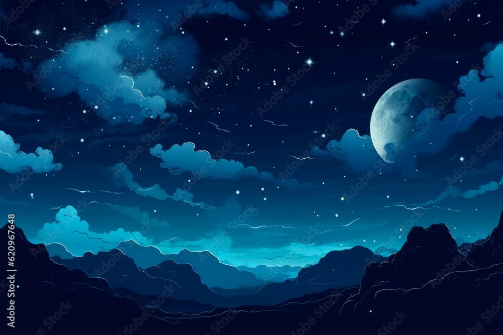 Night landscape with forest and hills, stars and moonlight, blue color scheme, AI Generated Night landscape with forest and hills, stars and moonlight, blue color scheme, AI Generated