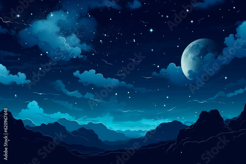 Night landscape with forest and hills  stars and moonlight  blue color scheme  AI Generated