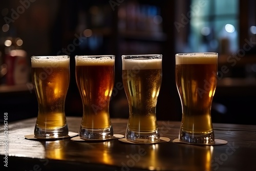 Glasses of beer on wooden bar counter in pub with blurred bokeh dark light background