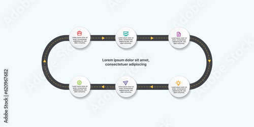 Roadmap infographic with six stop for content used to show data progress illustrations