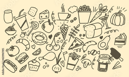 Doodles of different types of food vector illustration, hand drawn sketch. © Anastasiya