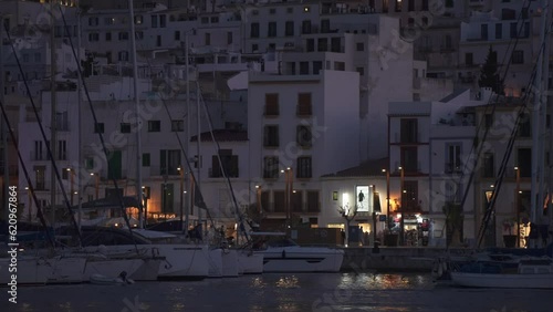 Harbour boats and Cathedral above Dalt Vila old town at dusk, UNESCO World Heritage Site, Ibiza Town, Ibiza, Balearic Islands, Spain