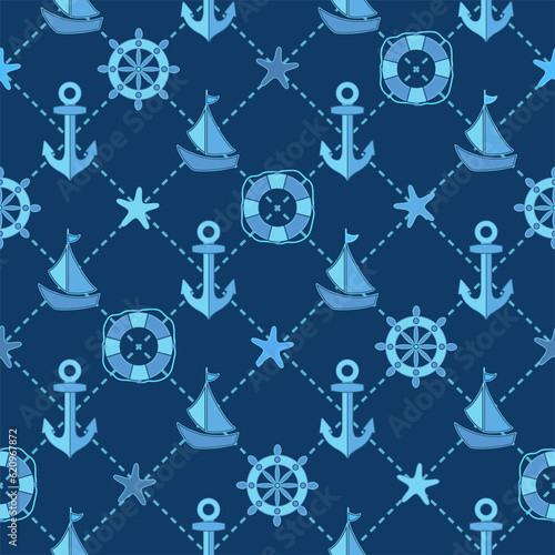 Seamless blue pattern with anchors, sailing ships and rudders connected by dotted lines. For textiles, wallpaper, decoration, banners. The concept of travel and sea cruises. Vacation at the sea.
