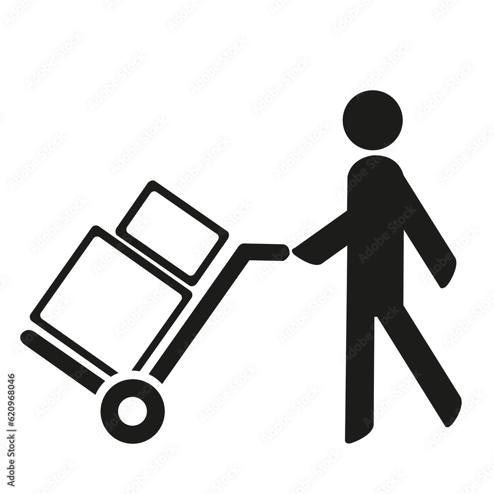 Un hombre transportando dos cajas con un carro sobre un fondo blanco liso y aislado. Vista de frente y de cerca. Copy space Un hombre transportando dos cajas con un carro sobre un fondo blanco liso y aislado. Vista de frente y de cerca. Copy space