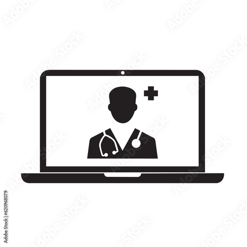 Icono de un médico en la pantalla de una computadora portátil. Vector