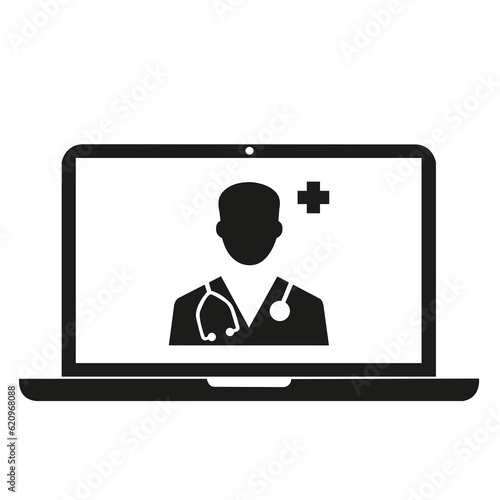 Un médico en la pantalla de una computadora portátil sobre un fondo blanco. Vista de frente y de cerca. Copy space