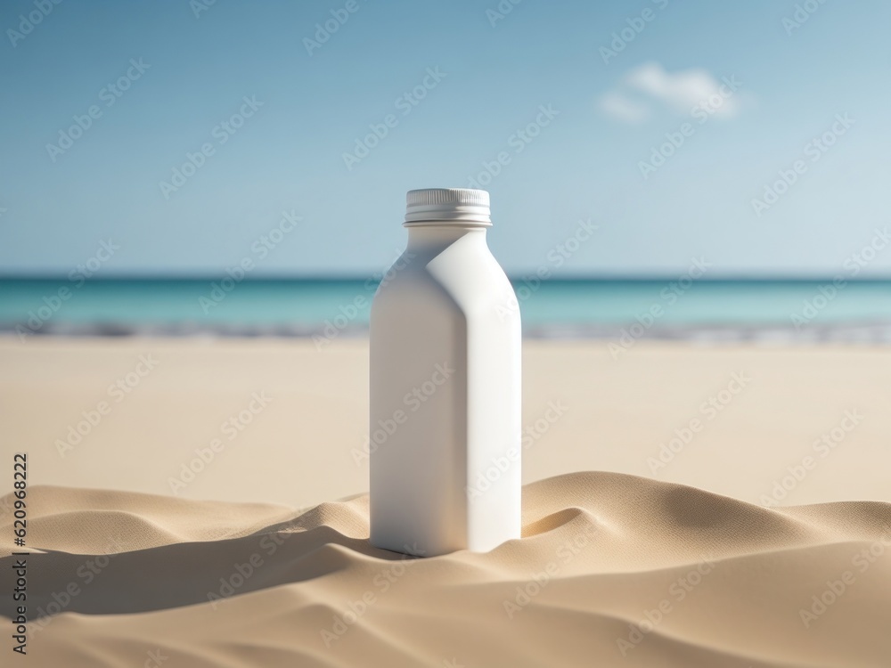 blank Empty square drink bottle mockup in sand beach for product presentation and beach background.generative AI blank Empty square drink bottle mockup in sand beach for product presentation and beach background.generative AI
