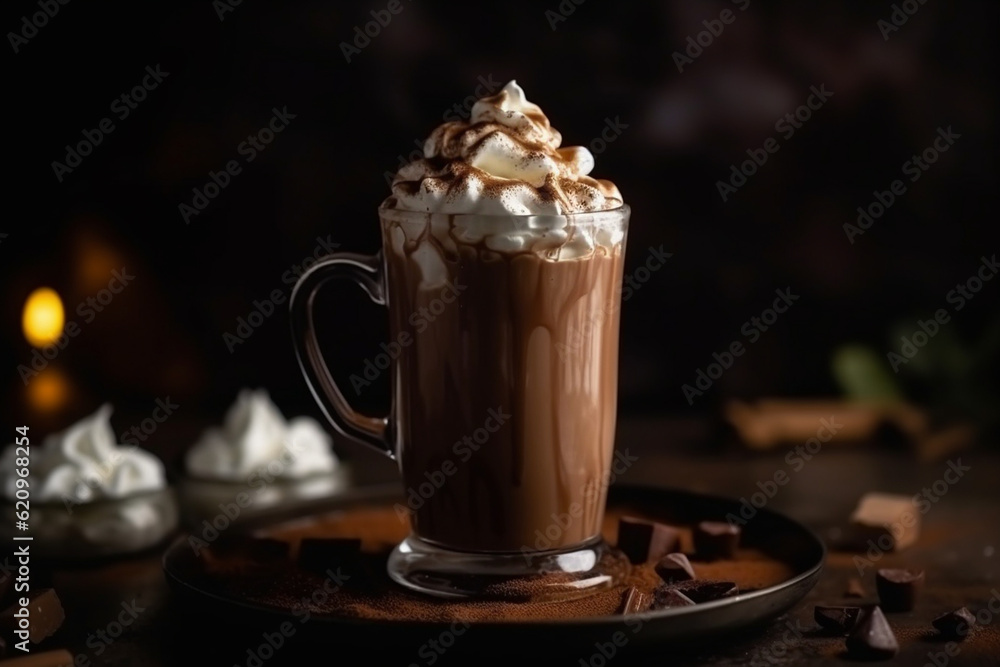 A hot cup of cocoa with whipped cream and marshmallows, Drinks, bokeh Generative AI A hot cup of cocoa with whipped cream and marshmallows, Drinks, bokeh Generative AI