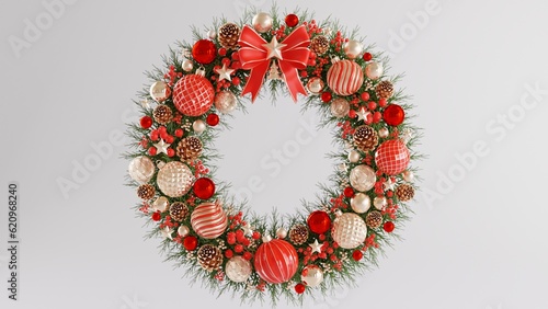 Luxury christmas wreath 3d rendering illustration for christmas festival with christmas tree,santa claus,gift boxes, ribbon,ball,snow,product, promotion sale, presentation pedestal 3d render