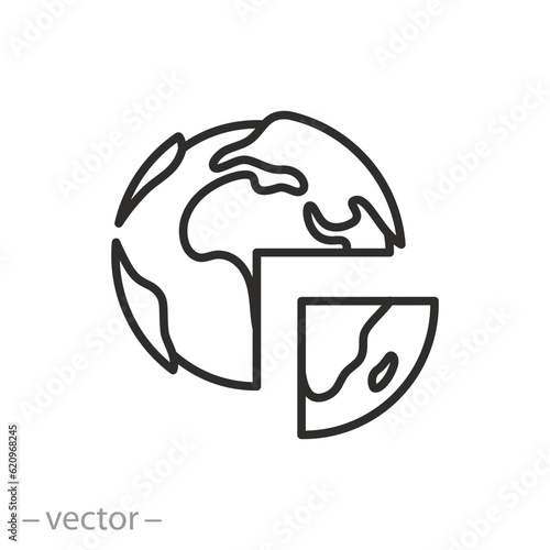 global infographic icon, pie chart world divided, world statistics, thin line symbol - editable stroke vector illustration photo