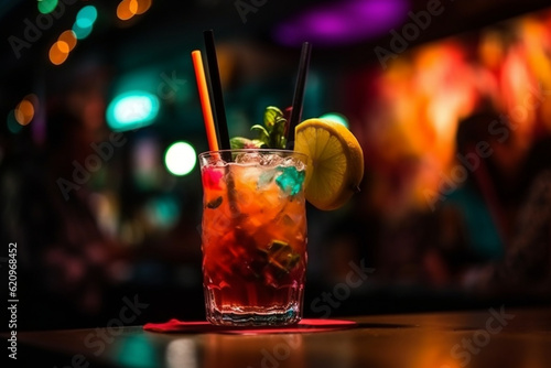 A colorful tropical cocktail with paper umbrella, Drinks, bokeh Generative AI photo