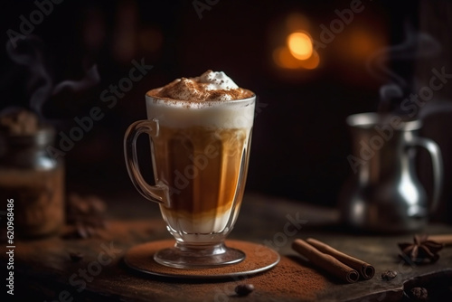 A hot cup of chai tea with spices and foam  Drinks  bokeh Generative AI