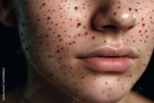 Infectious or viral skin disease, red pimples, blisters, rash and inflammation on the face closeup, treatment of chickenpox, AI Generated