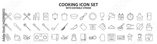 Cooking Icons. Set icon about cooking.  Kitchen icon collection. Icon Set. Vector Illustration. Editable Stroke.