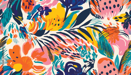 Abstract trendy exotic floral mix pattern. Collage contemporary seamless pattern. Hand drawn cartoon style pattern. Line art ornament
