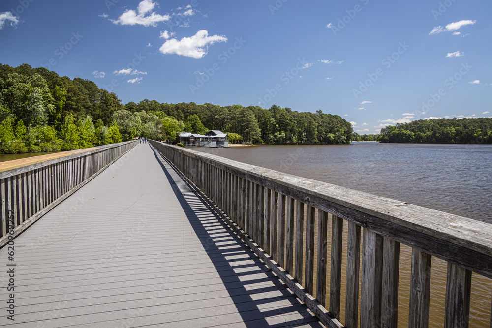 Wooden bridge over Lake Johnson, Raleigh, North Carolina, USA