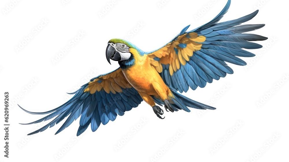 blue and yellow macaw with white background