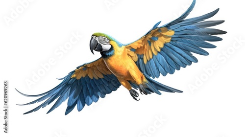 blue and yellow macaw with white background