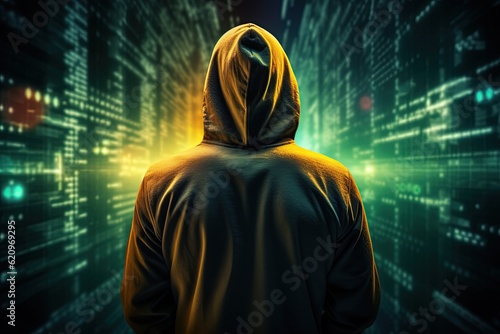 Computer hacker wearing hoodie over the background of code programming. Generative Ai illustration