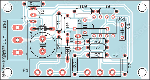 Vector printed circuit board of an electronic 
device with components of radio elements, 
conductors and contact pads placed on it. 
Engineering drawing.