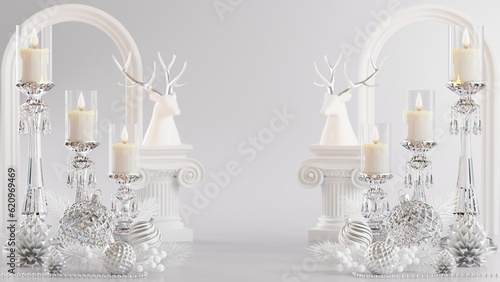 3d rendering illustration podium winter christmas festival with christmas tree,santa claus,gift boxes, ribbon,ball,snow,product, promotion sale, presentation pedestal 3d rendering on background color.