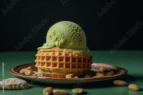 A double scoop of pistachio ice cream with a wafer cookie, Ice cream, Generative AI