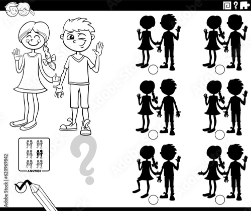 educational shadows game with girl and boy coloring page
