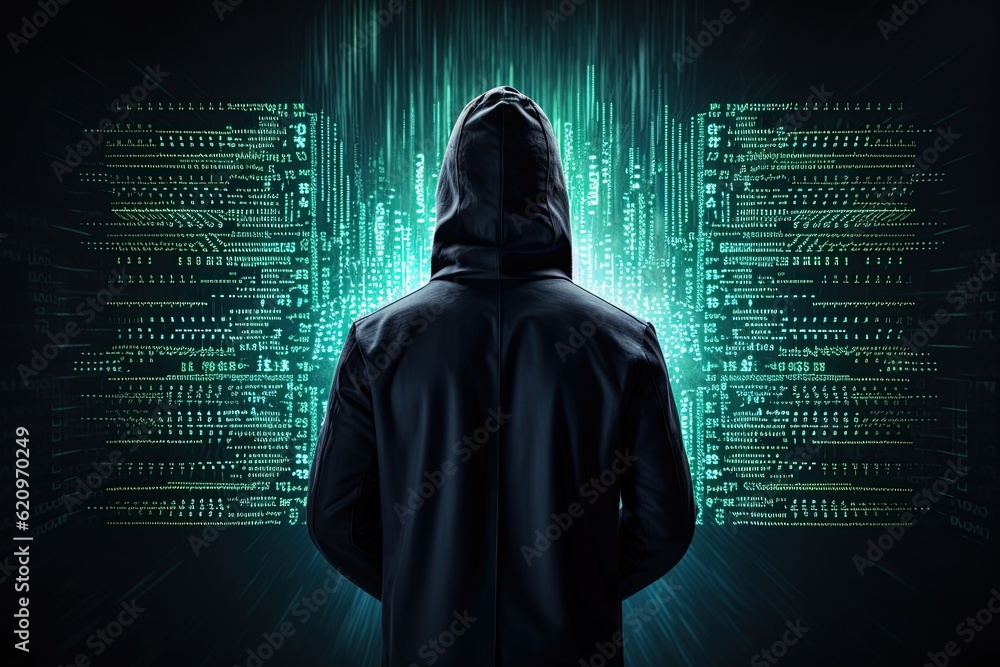 Computer hacker wearing hoodie over the background of code programming. Generative Ai illustration Computer hacker wearing hoodie over the background of code programming. Generative Ai illustration