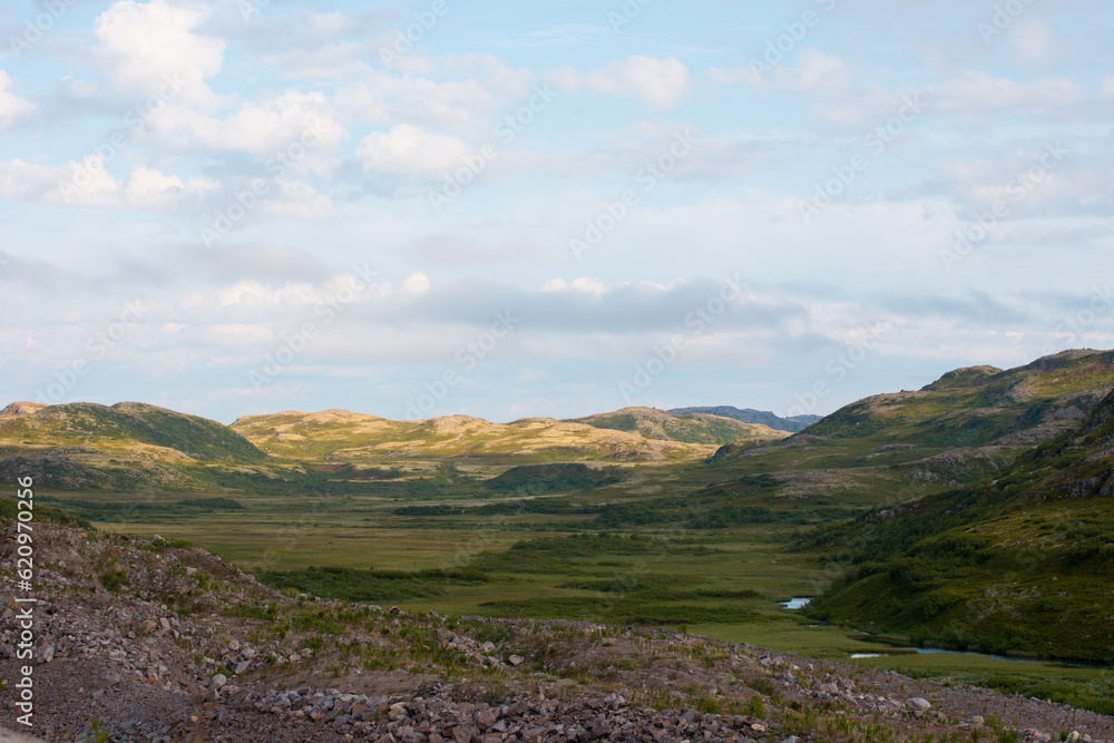 Mountains and rocks in the north, the village of Teriberka. Tundra in the north