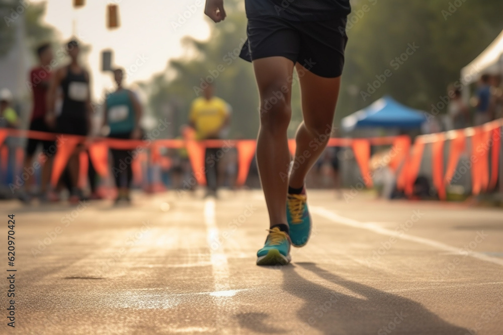 An athlete crossing the finish line from behind, with a blurred bokeh background of the race officials and the finish line judges Athlete running, bokeh Generative AI
