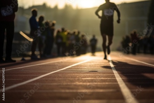 An athlete crossing the finish line from behind, with a blurred bokeh background of the race officials and the finish line judges Athlete running, bokeh Generative AI