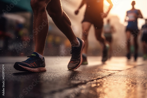 A close-up shot of an athlete's feet pounding the pavement during a marathon, with a blurred bokeh background of other runners and city buildings Athlete running, bokeh Generative AI