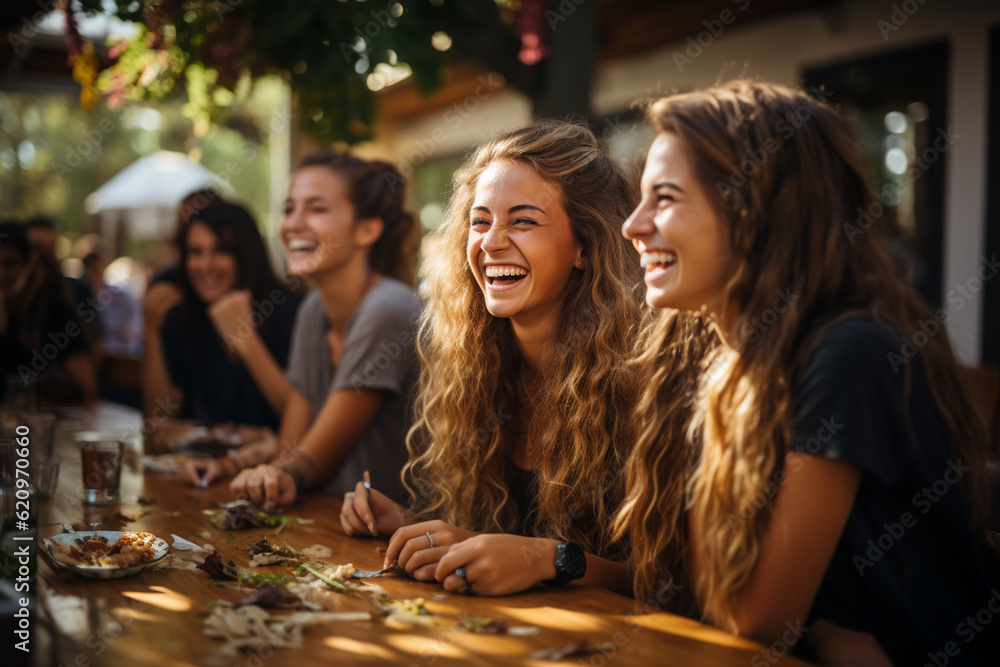 Candid shot of students laughing and chatting during lunch break, School, Back to School Generative AI