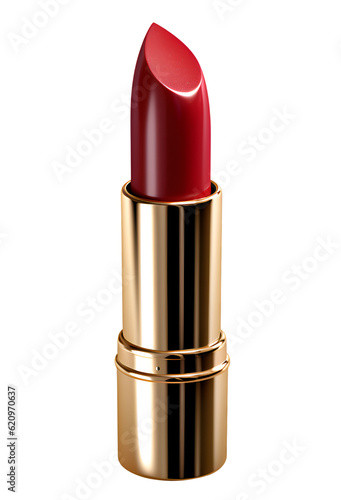 beauty red lipstick in gold tube object on isolated transparent background