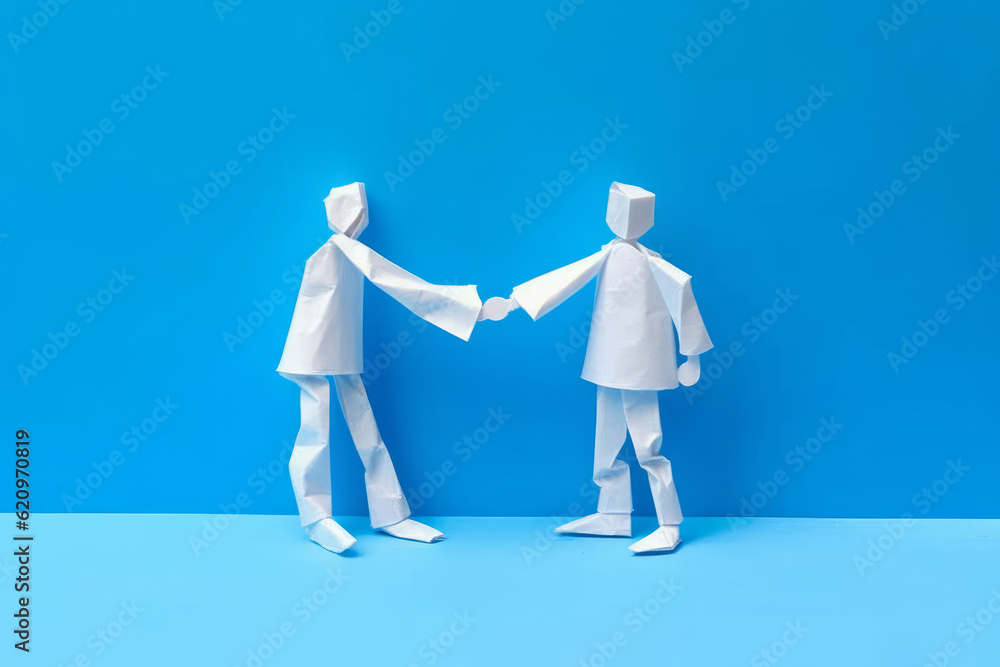 Two origami paper business figure shaking hands - obrazy, fototapety, plakaty 