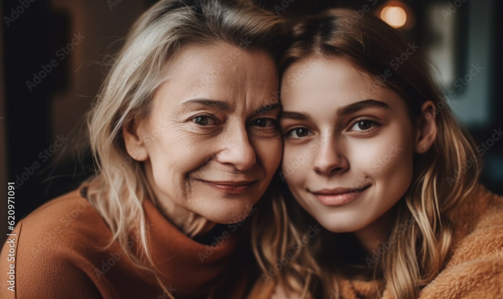 Young woman with older mother cuddling together, generative AI Young woman with older mother cuddling together, generative AI
