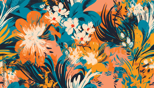 Abstract trendy exotic floral mix pattern. Collage contemporary seamless pattern. Hand drawn cartoon style pattern. Line art ornament