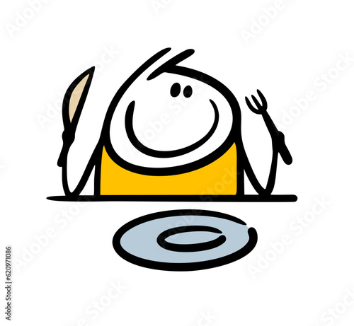 A stickman with a knife and fork is sitting at the table in front of an empty plate and waiting for lunch.