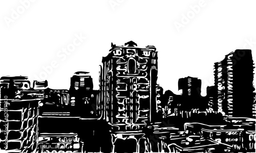 black and white sketch of a multi-storey building in a big city seen from a distance with transparent background