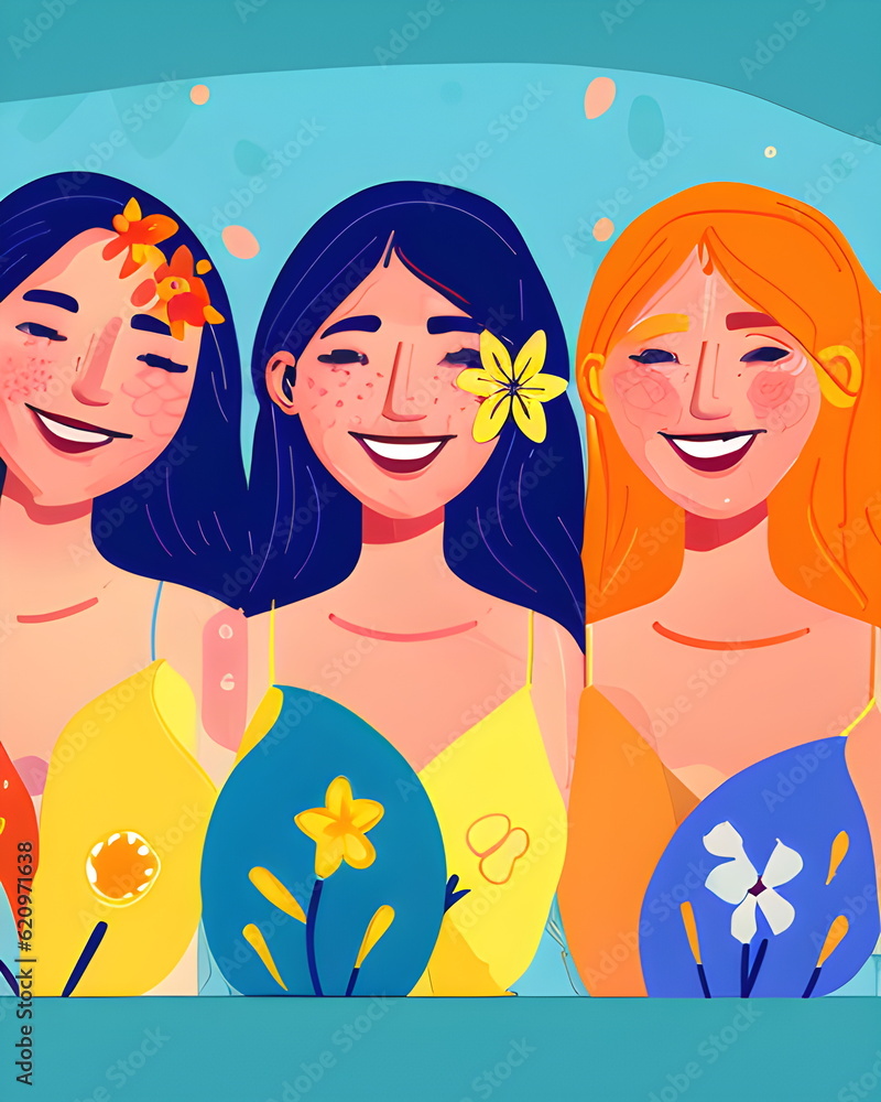 Ai generative Smiling girls with flowers in their hair. Vector illustration in cartoon style Ai generative Smiling girls with flowers in their hair. Vector illustration in cartoon style