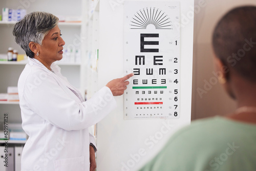 Eyesight test, optometry and vision, eye care and health with chart, senior woman doctor and patient. Ophthalmology, focus and healthcare, female people in optometrist clinic and medical diagnosis photo