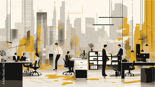 Home office interior, room for working with pc
Group of office workers sitting at desks and communicating or talking with each other. Dialogues or conversations between colleagues or employees in the 