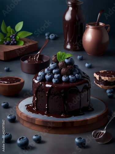 beautiful ultimate double dark chocolate fudge cake, on top with blueberry
