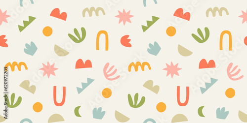 Abstract modern art seamless pattern with colorful freehand doodles. Organic flat cartoon background, simple summer shapes in bright childish colors. 