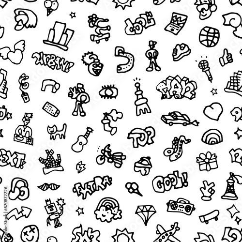 summer music city life crazy doodles seamless vector pattern ,hand drawn sketch background design element 