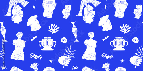 Ancient greek statue and classic vintage monument seamless pattern. Blue greece culture background illustration. Historical flat cartoon drawing.